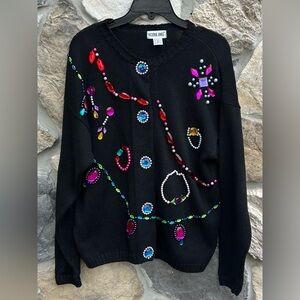 Vintage Victoria Jones Knit Sweater Sz M Beaded Flashy Gaudy Colorful Fun Snaps